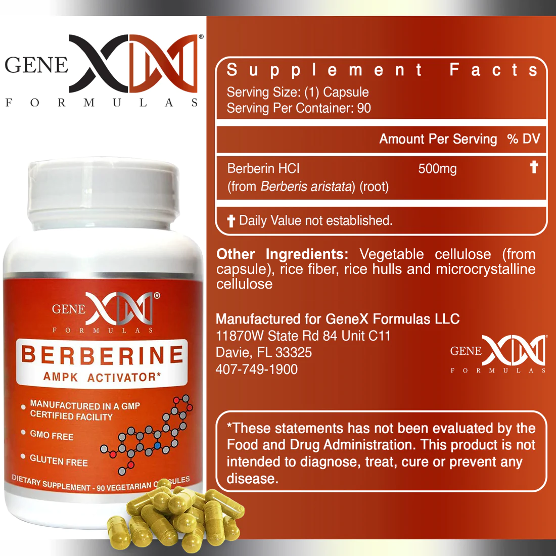 Genex Berberine Hcl 500mg 90 Capsules Genex Formulas Llc